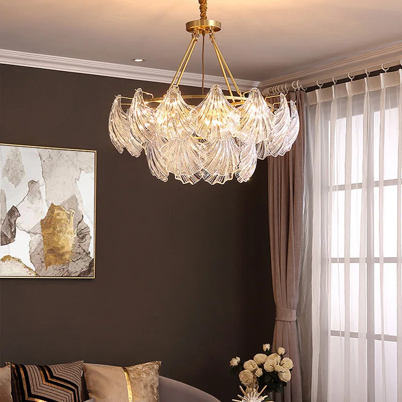 Postmodern Light Luxury Living Room Copper Chandelier Simple Atmosphere Crystal Creative Shell Lamp High-end Bedroom Lighting