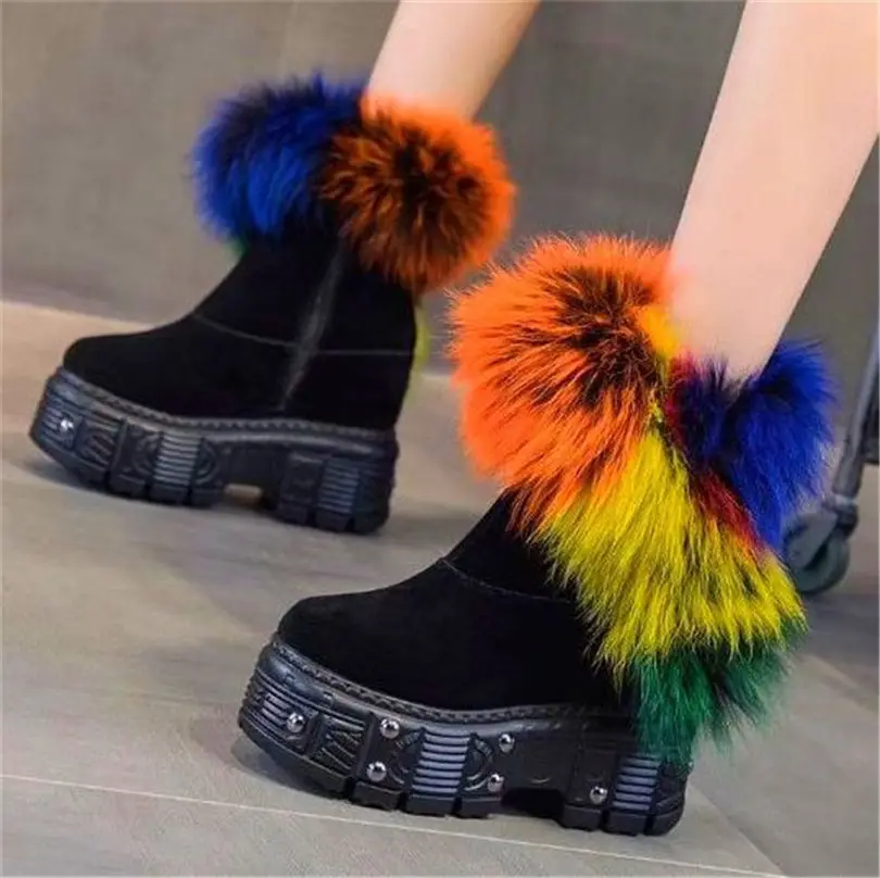 Women Multicolor Big Fur Suede Leather Winter Snow Ankle Boots Platform Wedge High Heels Round Toe Oxfords Casual Party Shoes