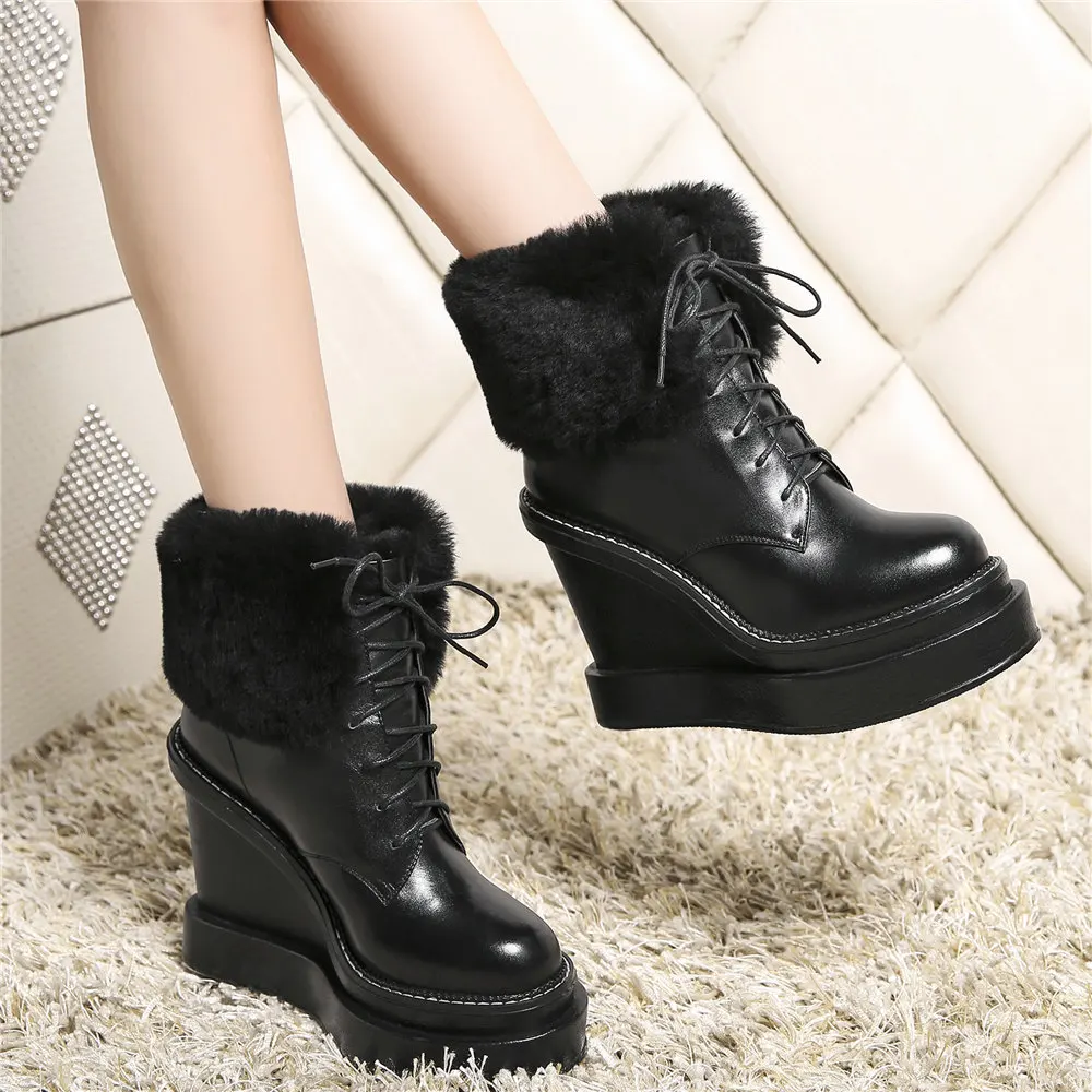 Winter Casual Shoes Women Lace Up Genuine Leather Wedges High Heel Snow Boots Female Round Toe Warm Rabbit Fur Fashion Sneakers