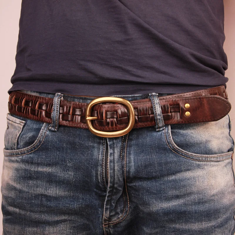 New Fashion Top Layer Pure Cowhide Genuine Leather Men Belt Manual Knitted Belts Retro-style Needle Button Copper Buckle Strap