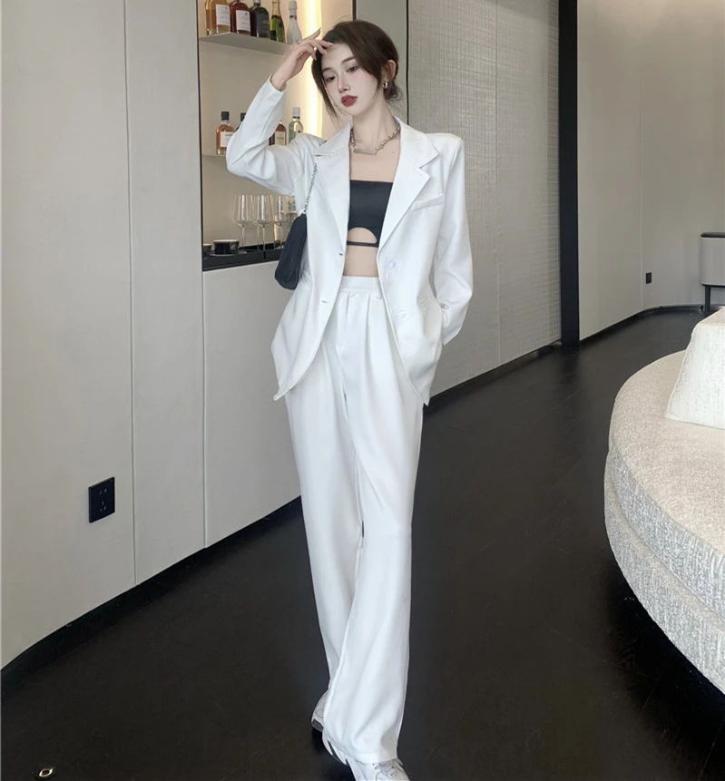 

Office Ladies Pantsuit White Two-Piece Suit Women's Business Straight-Leg Pants Blazer Spring Autumn Set Formal Casual Suits