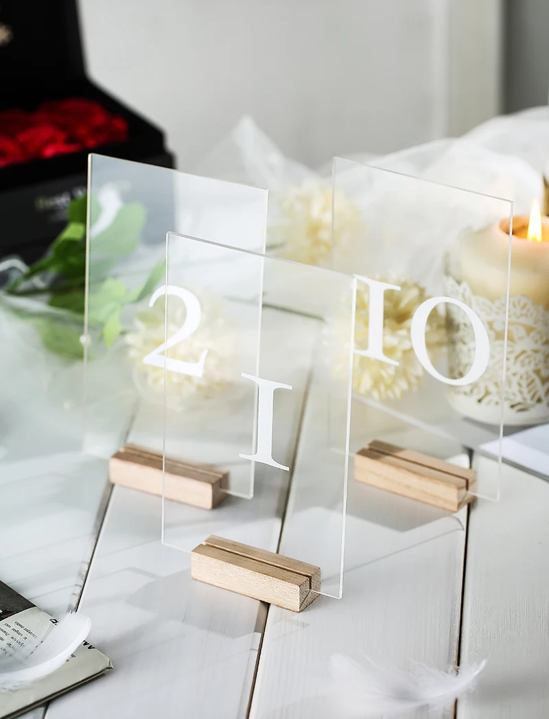 

Personalized Clear Acrylic Wedding Table Numbers with Holders Calligraphy Wedding Signage Rustic Clear Wood Table Number Stand