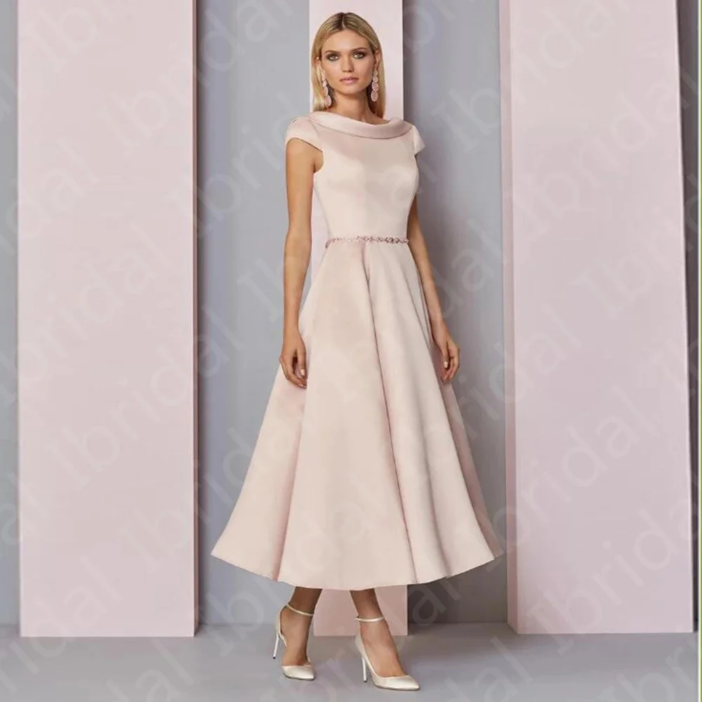 Vestidos clásicos de color rosa rubor para madre de la novia, media pantorrilla, manga casquillo, vestidos de invitados de boda sin espalda, a la venta, 2023