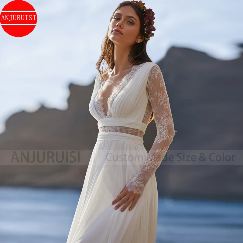 Robe de mariée en mousseline de soie plissée pour femmes, robe de mariée Boho, dentelle, ligne A, robe de plage sexy, surintendant de mariage, 2022