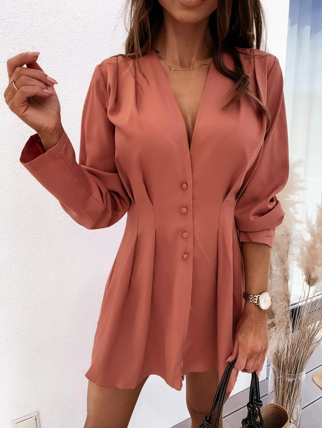 Chemisier à simple boutonnage pour femmes, élégant, col en v, couleur unie, longue chemise de bureau, mode Femme, grande taille, chemisier décontracté, automne S-2XL