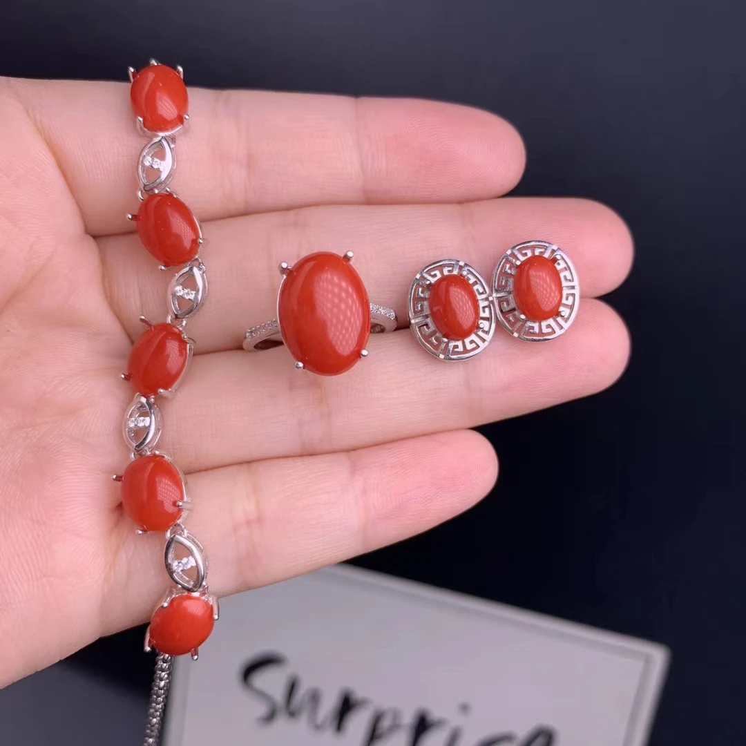 Fine jewelry 925 pure silver Chinese style natural red coral women's luxury classic oval gem ring earring bracelet suit support