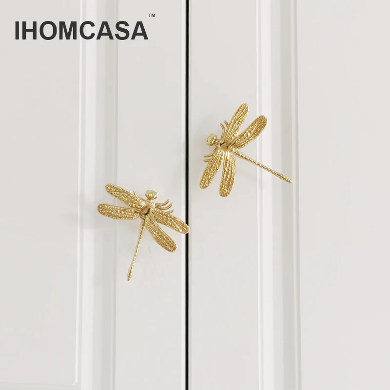 IHOMCASA Dragonfly/Butterfly Shape Brass Door Knobs Furniture Cupboard Drawer Pulls Dresser Wardrobe Kitchen Cabinet Handles