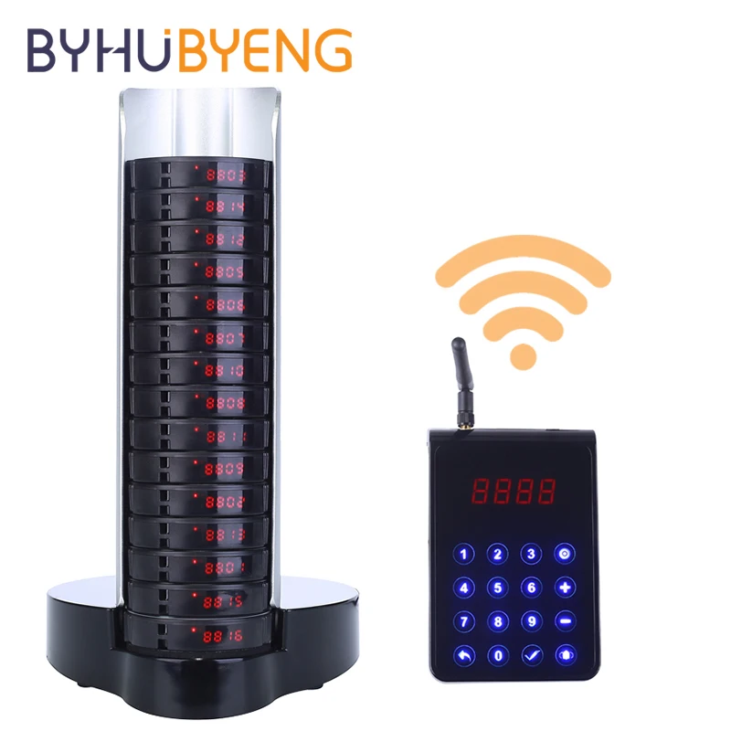 BYHUBYENGWireless Paging Queue System Restaurant Pager Buzzer 15 Coaster Receiver Set Keyboard For Church Medical