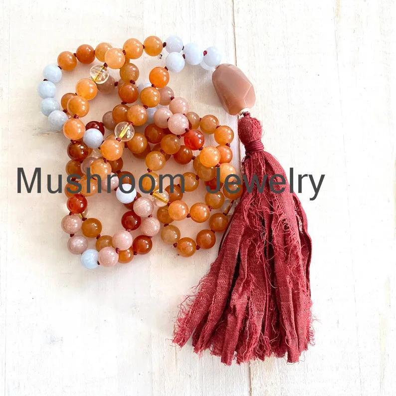 108 Agate Bead Sari Silk mala tassel yoga bead women necklace jewelry