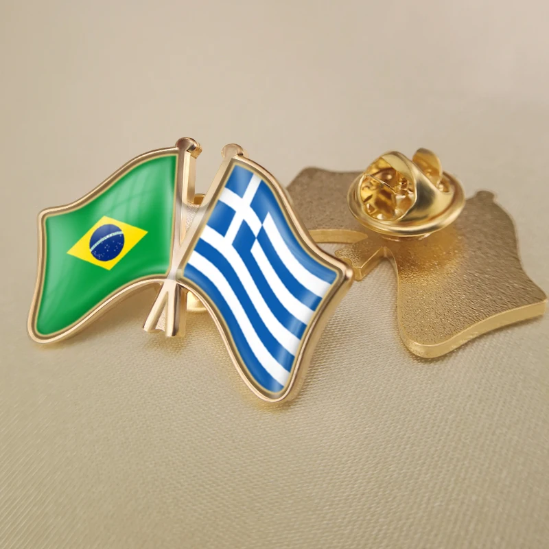 Greece and Brazil Crossed Double Friendship Flags Lapel Pins Brooch Badges