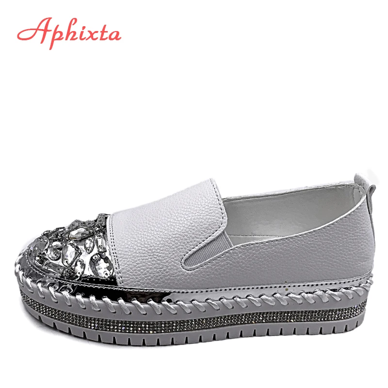 Aphixta Rhineston Round Toe Leather Flats Shoes Women White Bling Loafers Couple Platform Shoes Woman Chunky Sole Size 43