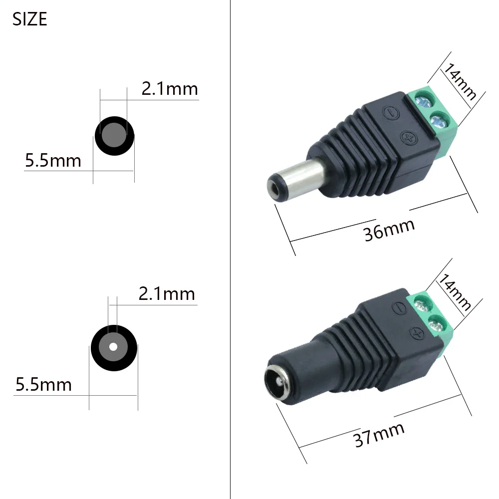 10pcs Cameras 2.1mm x 5.5mm Female Male DC Power Plug Adapter Female Jack Adapter Connector Male Plug Socket green 5.5x2.5mm DC