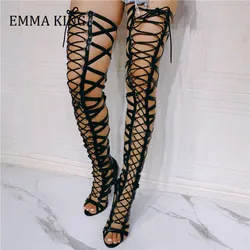 Summer Women Gladiator Sandals Boots Sexy Black Hollow Out Thin High Booties Woman High Heels Fashion Shoes Zapatos De Mujer