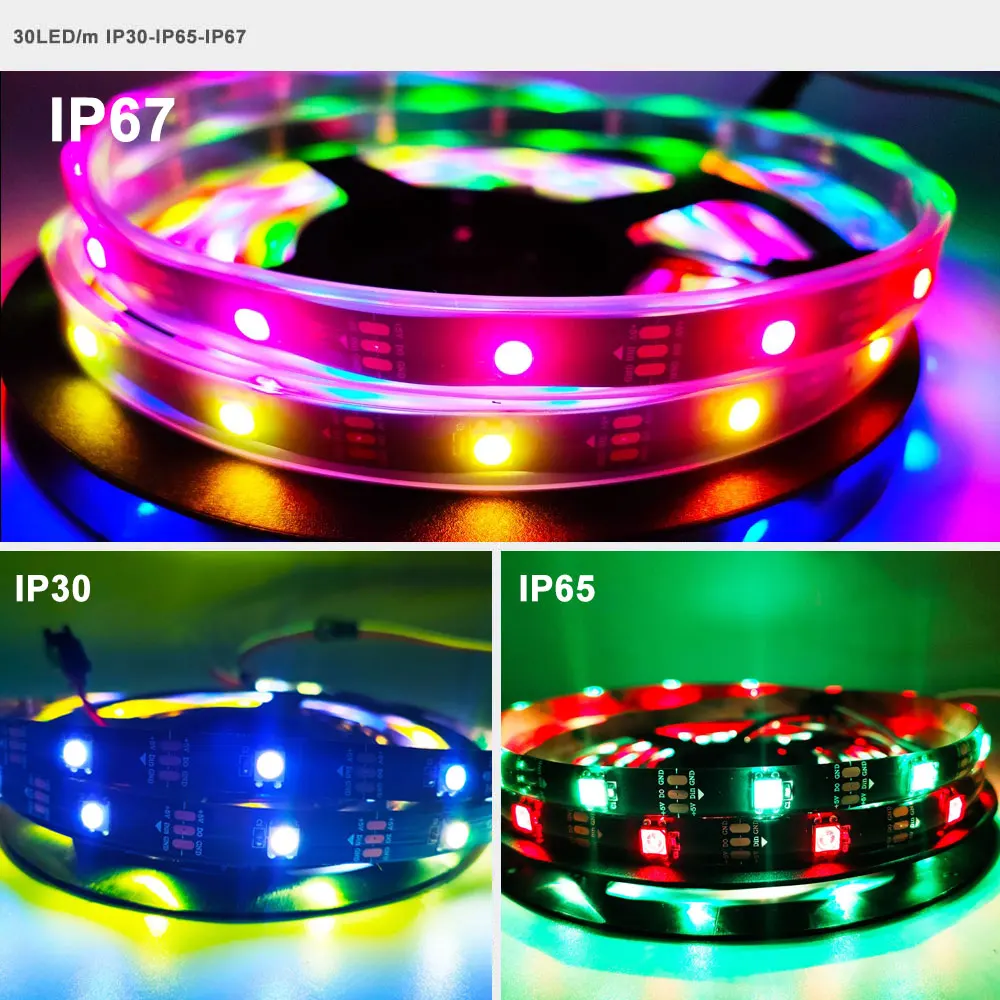 Imagem -06 - Inteligente 5050 Rgb Tira Conduzida Individualmente Endereçável Luz Preto Branco Pcb 30 60 144 Pixels m à Prova Dip30 Água Ip30 65 67 Dc5v Ws2812b