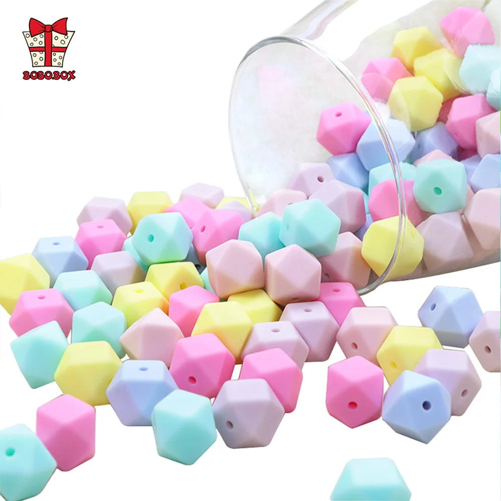 Bobo. box 100 pçs silicone contas dentição hexágono 14mm bebê mastigar silicone mordedor grânulo colar diy peças de jóias grau alimentício pérola