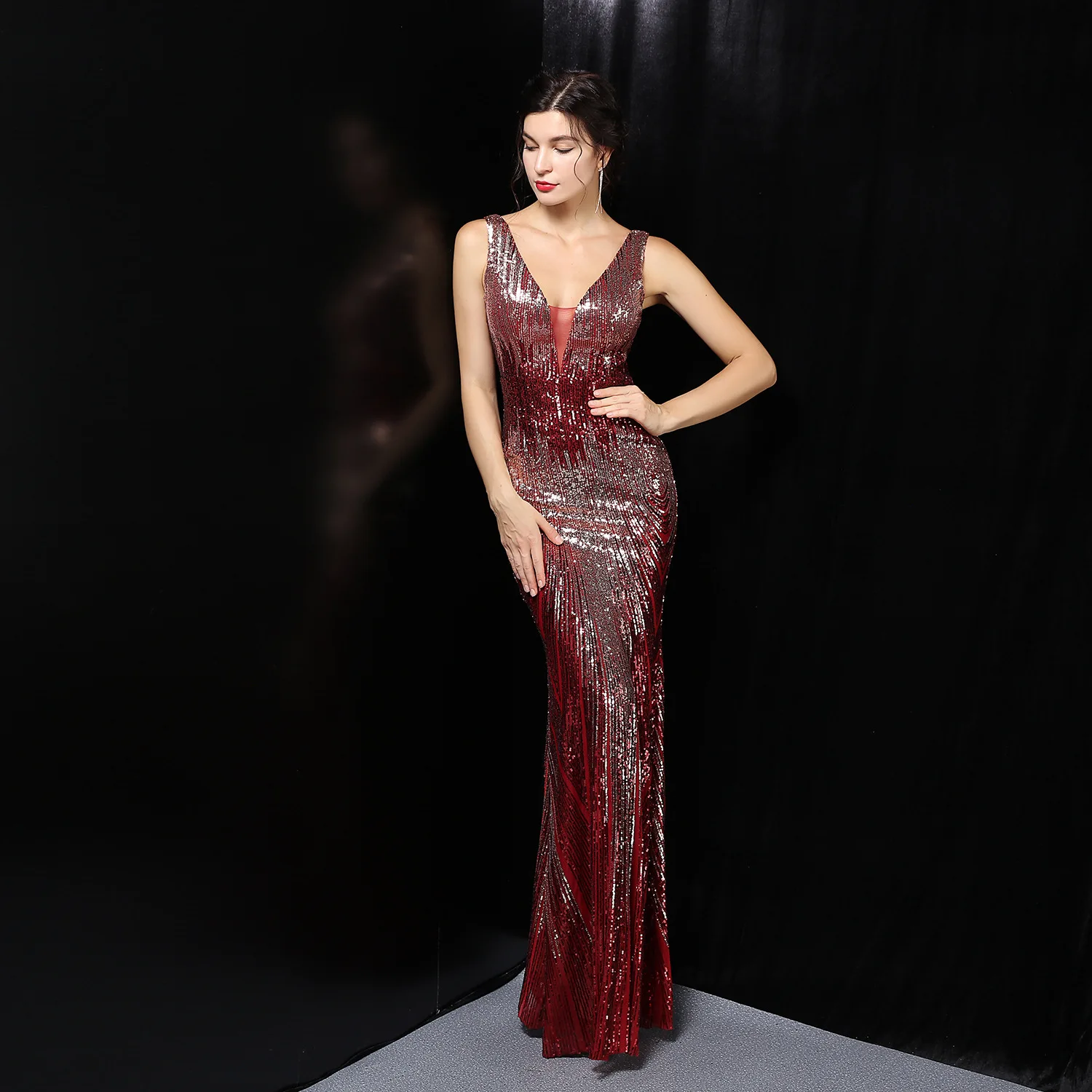 Robe de soirée blanche longue à paillettes, col en v, sans manches, Sexy, nouveauté, 2022, RU38