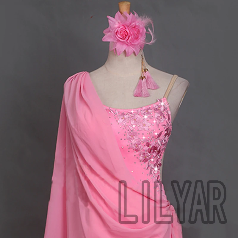 New Latin Dance  Competition Performance Dress Adult Custom Light Pink Embroidered Diamond Dance Dress