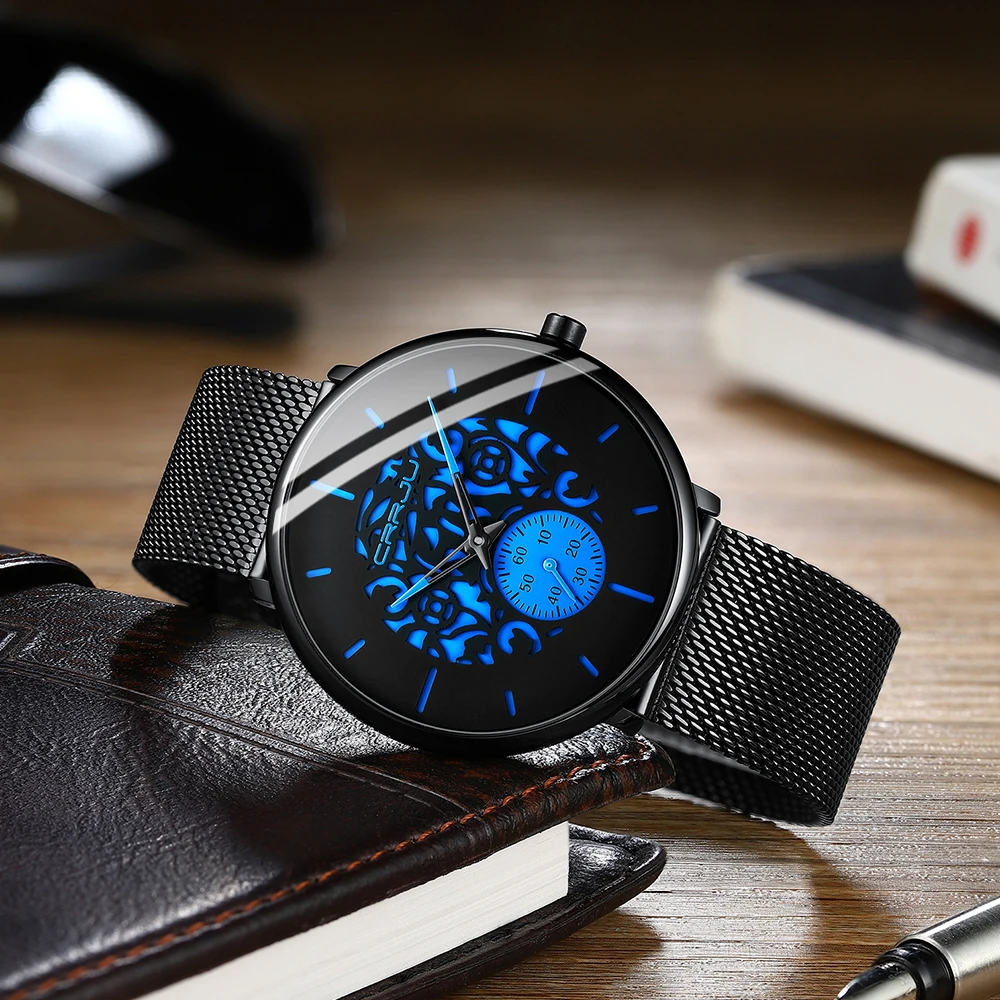 Men Watch Fashion CRRJU 2021 Men's Blue Ultra-thin Mesh Strap WristWatch Retro Hollow Flower Cool Casual Waterproof Men Watch