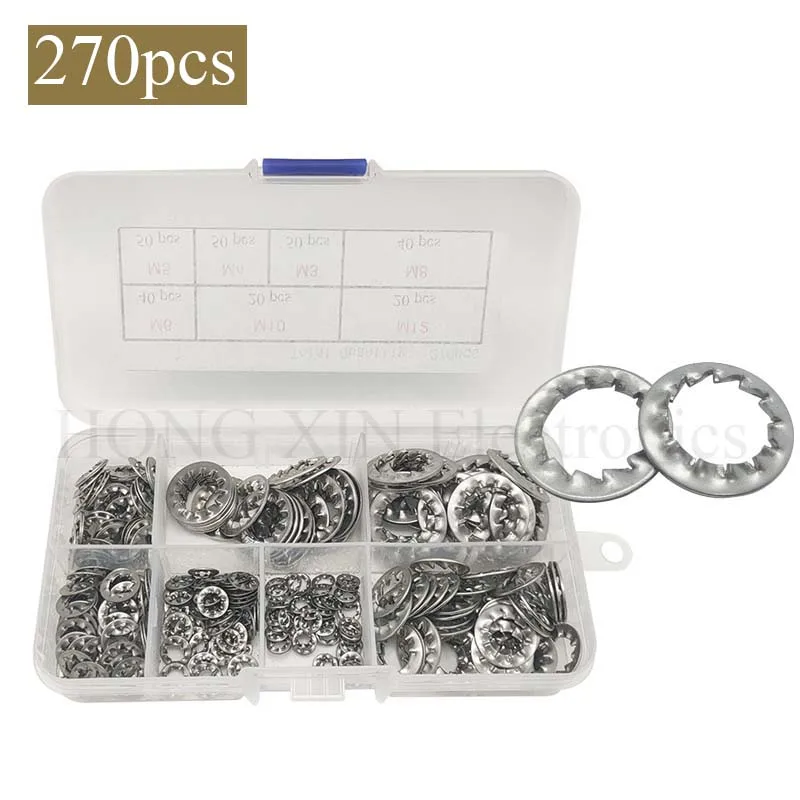 270pcs/set 304 Stainless Steel Internal Toothed Serrated Lock Washer Gasket M3M4M5M6M8M10M12