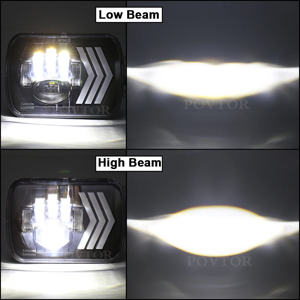 Square 5x7 inch Headlight with Arrow DRL Dynamic Sequential Turn Signal fit Wrangler YJ XJ Toyota GMC Trucks H6054 H5054 H6054LL