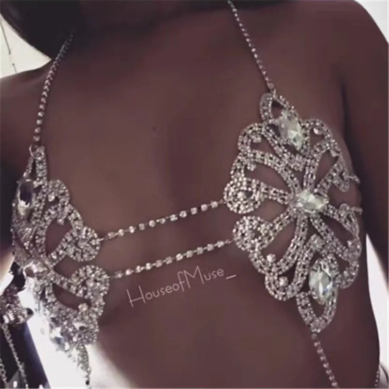 MYDANER Fashion Jewelry Boho Luxury Crystal Rhinestone Flowers Sexy Body Statement Necklace Bra Chains Summer Brassiere Women