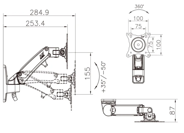 NB F120 17-27' Gas Spring Full Motion TV Wall Mount Bracket LCD Monitor Stand Aluminum Arm Bracket Silver 360 Rotate
