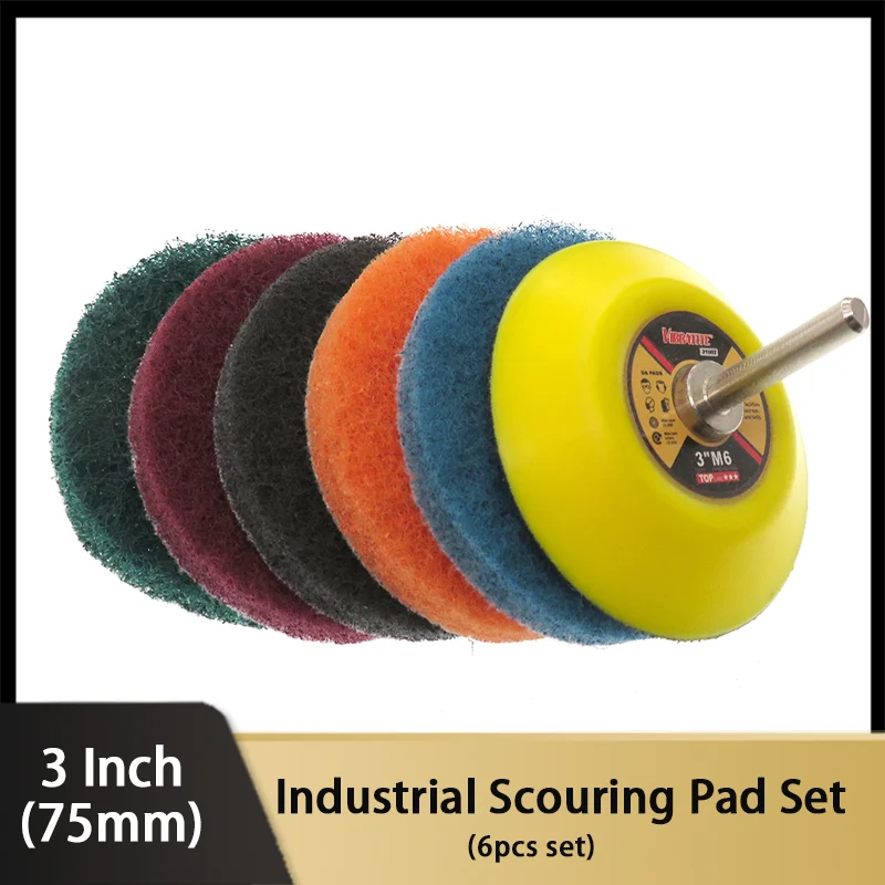 

3 Inch Industrial Scouring Pad Power Scrub Pads Kit 6 Pcs for Drill Car Bathroom Cleaning Polish Self-adhesive Disc Hook & Loop