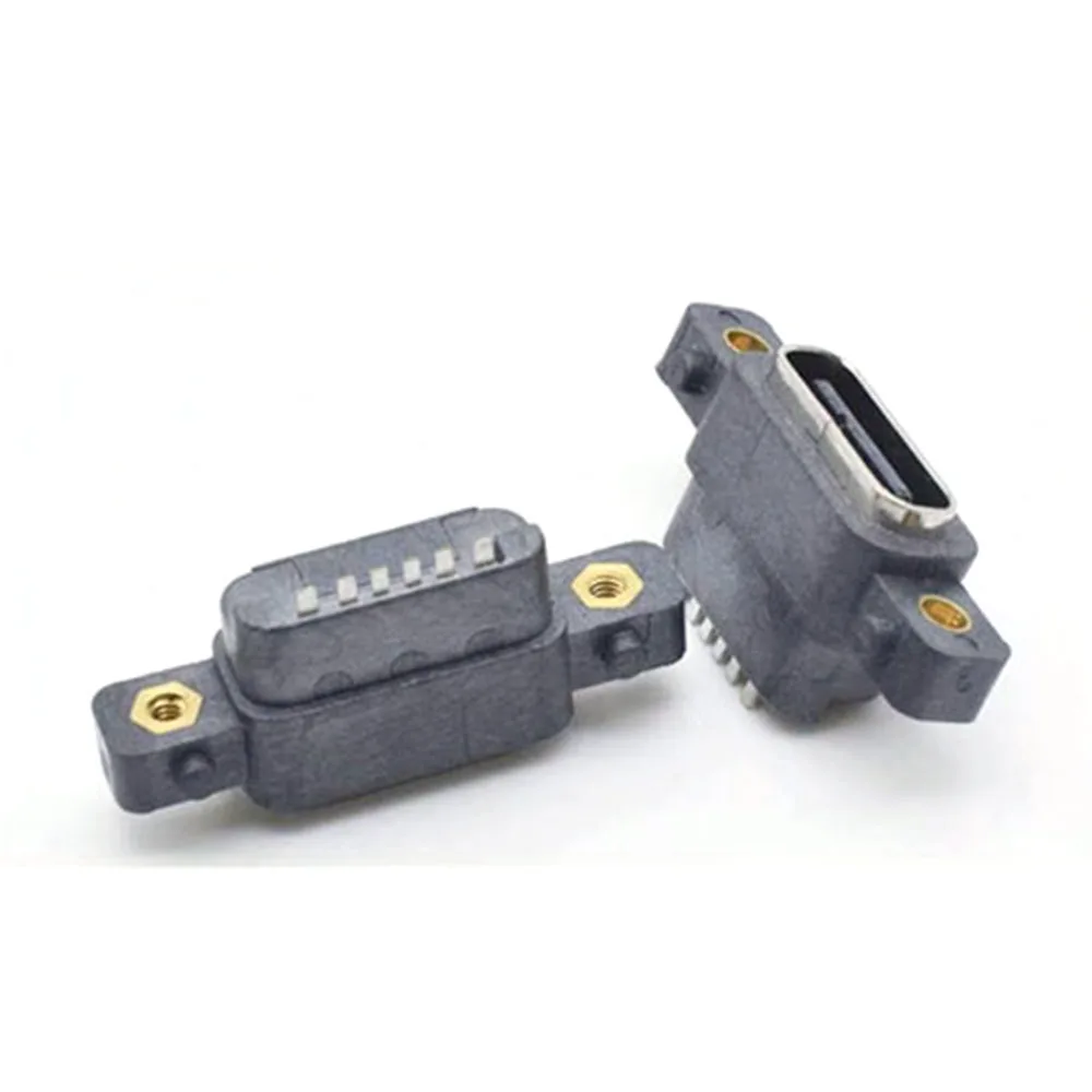 1pc TYPE C 2/6Pin Waterproof Female USB C Socket Port With Screw Hole Fast Charge Charging Interface 180 Degree USB Connector