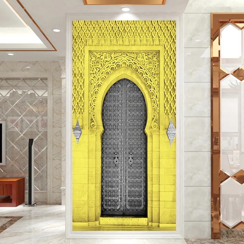 2pcs/set Muslim Islam Style Retro Door Art Mural Sticker Corridor Wardrobe Decorative Painting Peel & Stick Waterproof Wallpaper