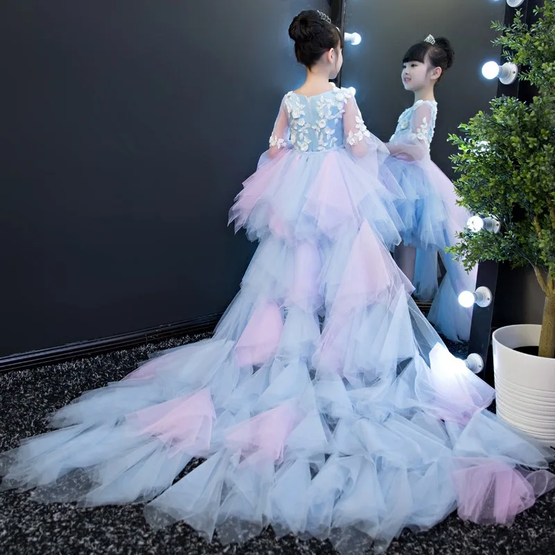 Kids First Communion Dresses Long Trailing Girls Dress Child Mermaid  Long Tail Peacock Ball Gown For Wedding Evening Prom Party