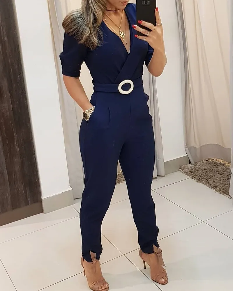 Office Lady Style Elegant Half Sleeve Jumpsuit Women One Piece Overalls