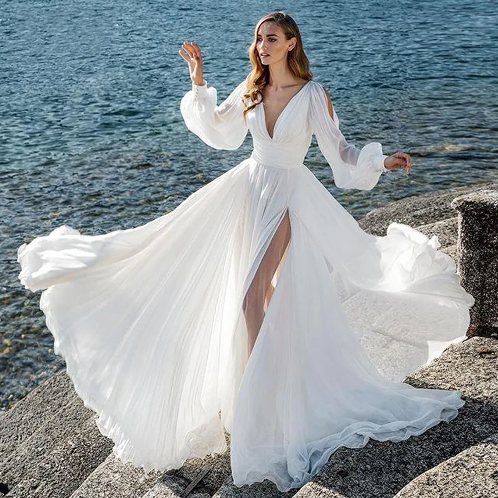 Beach Chiffon Wedding Dresses 2025 Long Puffy Sleeve V-neck High Slit Bridal Gowns Robe De Mariage Customized