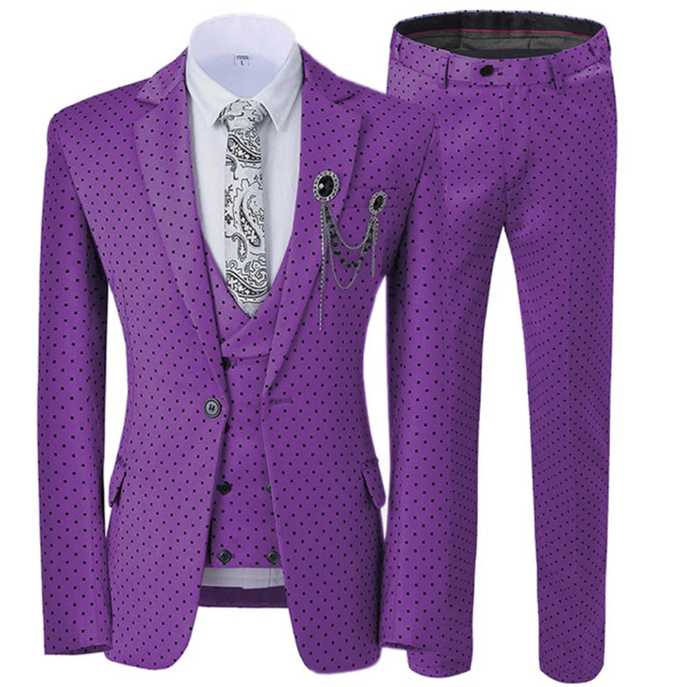 3Pcs Jacket Pants Vest Dots Printed Men Wedding Suits Sets Multiple Colour Slim Fit Notch Lapel Tuxedo Best Mens Blazer Trousers