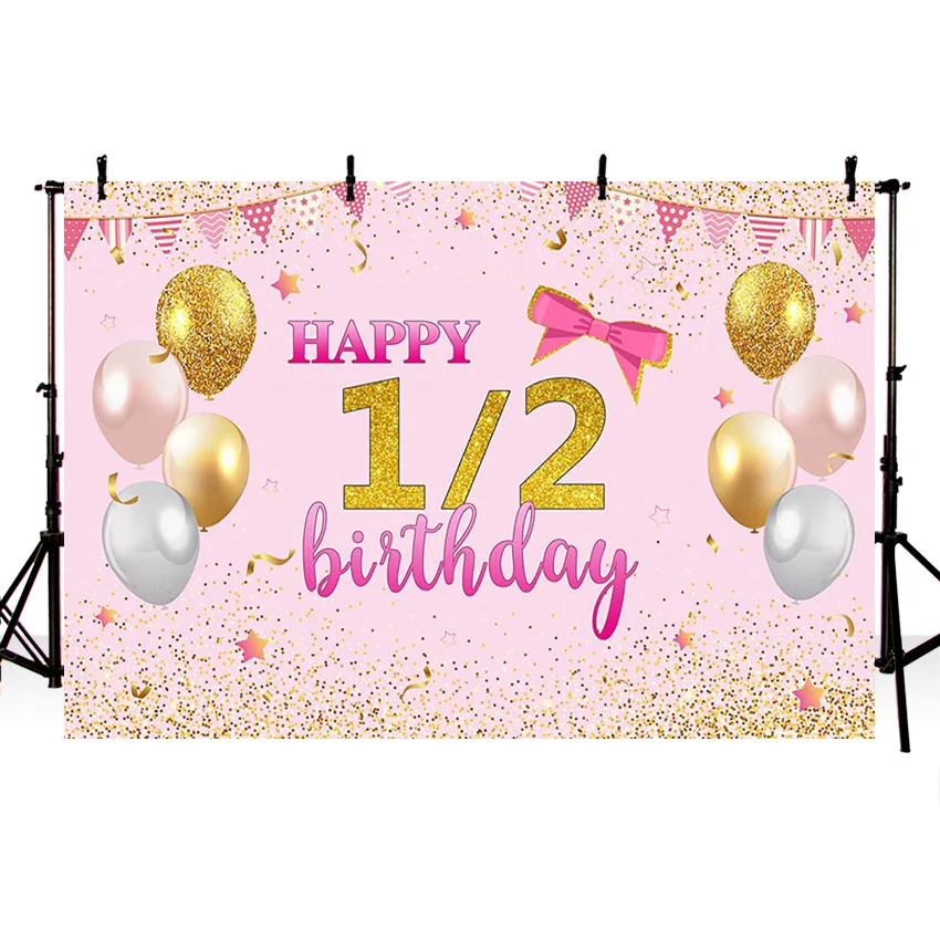 소녀 해피 하프 생일 1/2 배경 골드 풍선 반짝이 핑크 배너 사진 배경, 사진 스튜디오 장식 소품 포토존