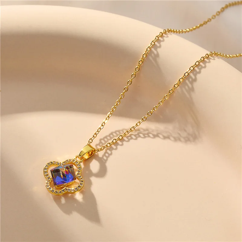 Korean Style Blue Crystal Four Leaf Flower Pendant Women Necklace Ladies Elegant Gold Color Stainless Steel Chokers Necklaces