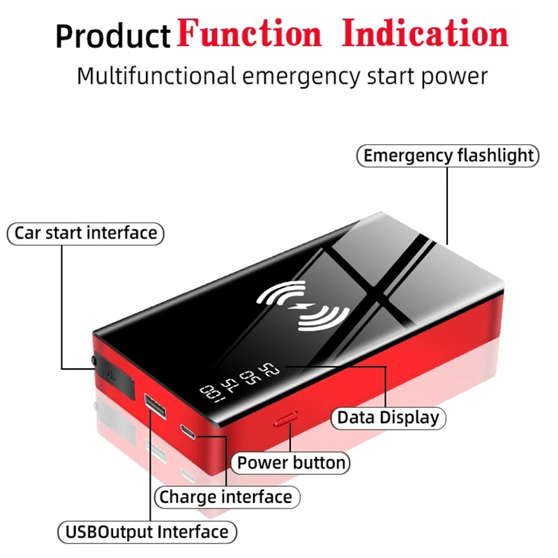 Arrancador de batería de coche portátil inteligente, cargador QI inalámbrico tipo C, 20000mAh, 600 Amp, novedad