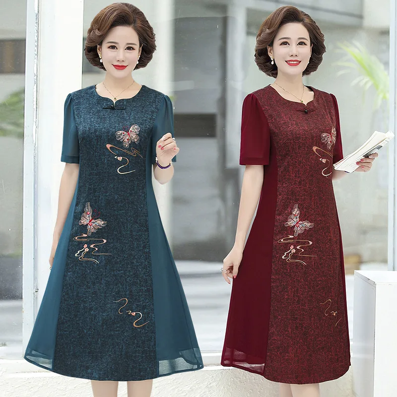 

Middle-aged and elderly women's embroidered dress 2021 summer new medium-long loose