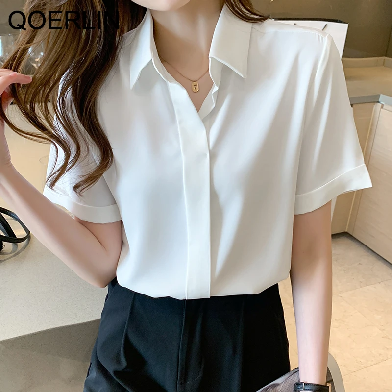 QOERLIN Chic Formal Shirt Female Summer 2021 New Korean Loose Elegant Professional Short Sleeve White Shirt Chiffon Blouse 2XL