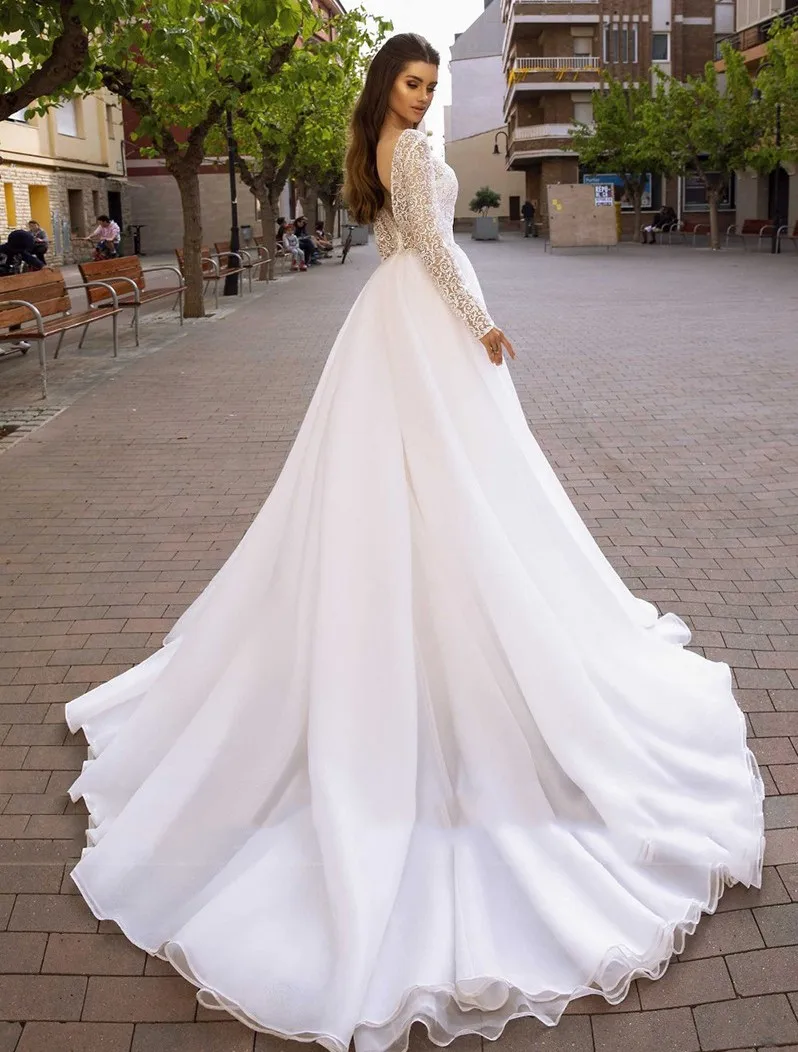 Robe de mariée princesse en dentelle organza, tenue à manches longues, dos nu, pour les patients, offre spéciale, 2024