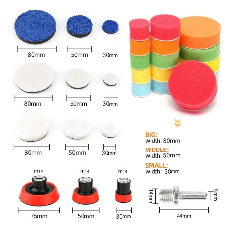 29 pçs kit almofada de polimento do carro esponja lã polimento almofadas para broca automática polimento conjunto com m14 broca adaptadores depilação