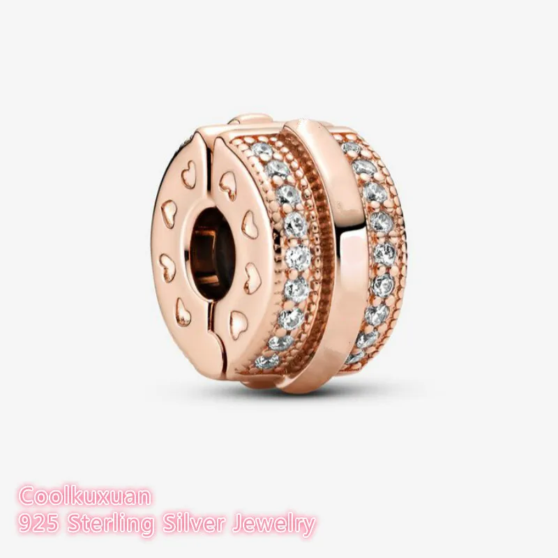 

100% 925 Sterling Silver Sparkling Pave Lines & Logo Clip Charm Rose Gold beads Fits Original Pandora bracelets Jewelry Making