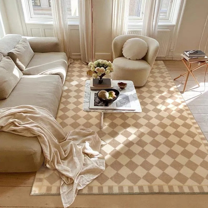 

French Medieval Carpet Living Room Checkerboard Short Wool Tea Table Carpet Bedroom Ins Style Light Khaki Grid Nordic Floor Mat