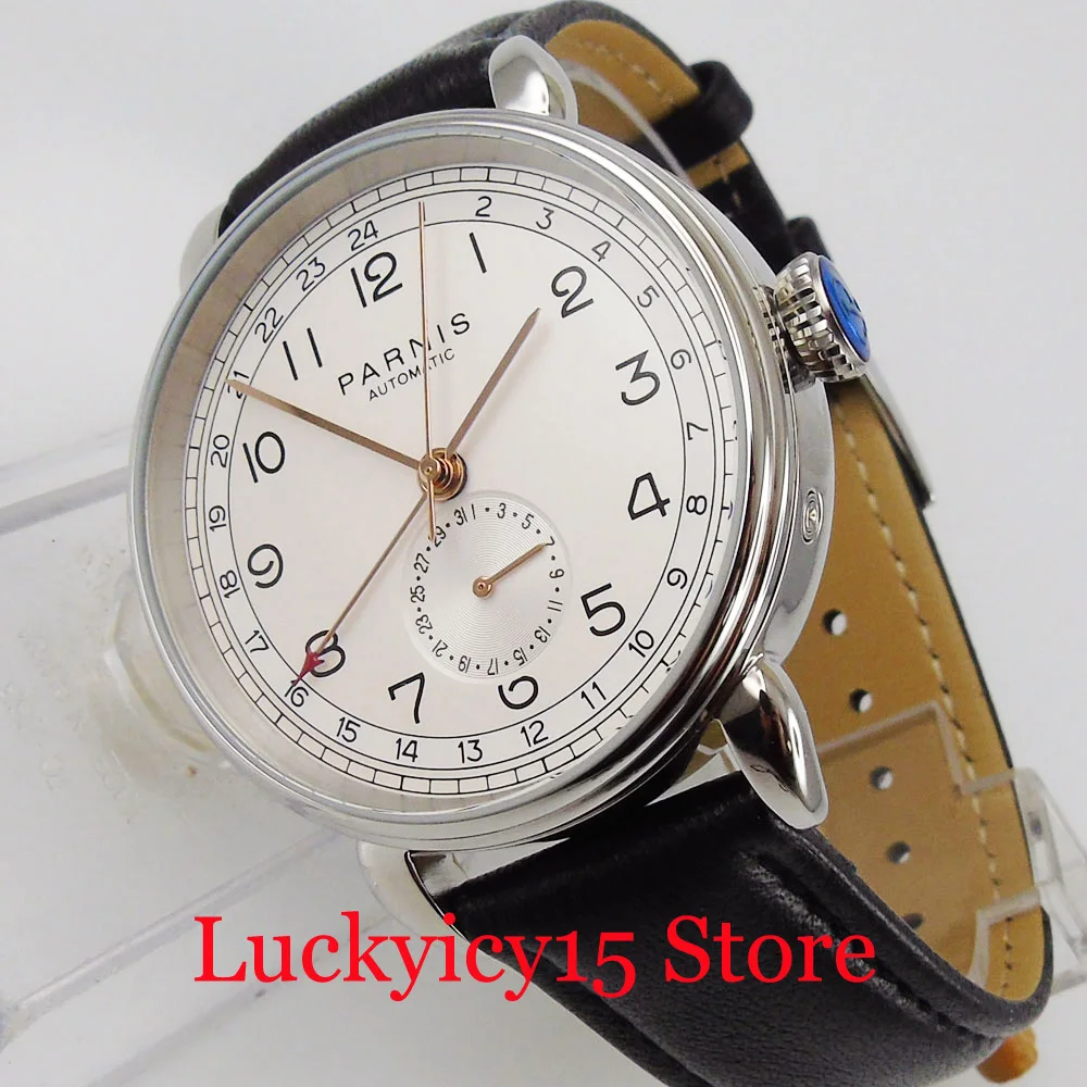 PARNIS Round GMT Men Wristwatch Self Winding Movement Rose Gold Marks Leather Strap Date Sub Dial Seeing Backcover