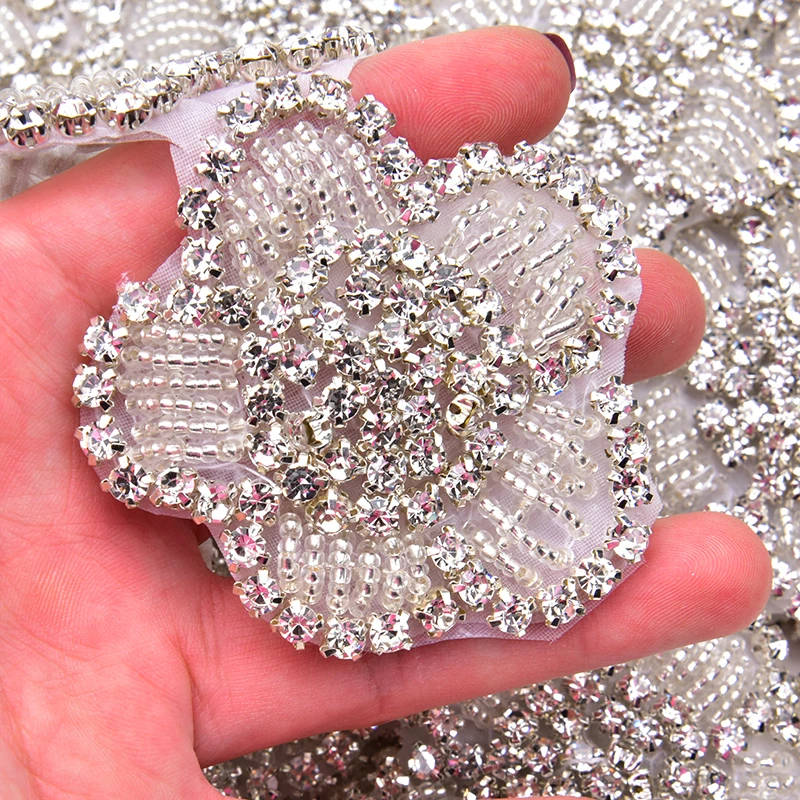 Rhinestone Iron on Bridal Patches Beaded Crystal Flower Applique Sew on Baby Headband Ribbon Trim Hat Clothes Shoes Accessories