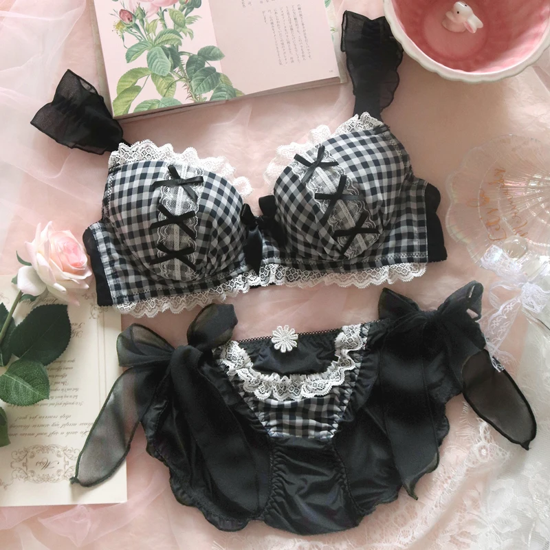 Wriufred girl underwear soft sexy cute black plaid lingerie underpants suit steel ring bra panty set push up women bra