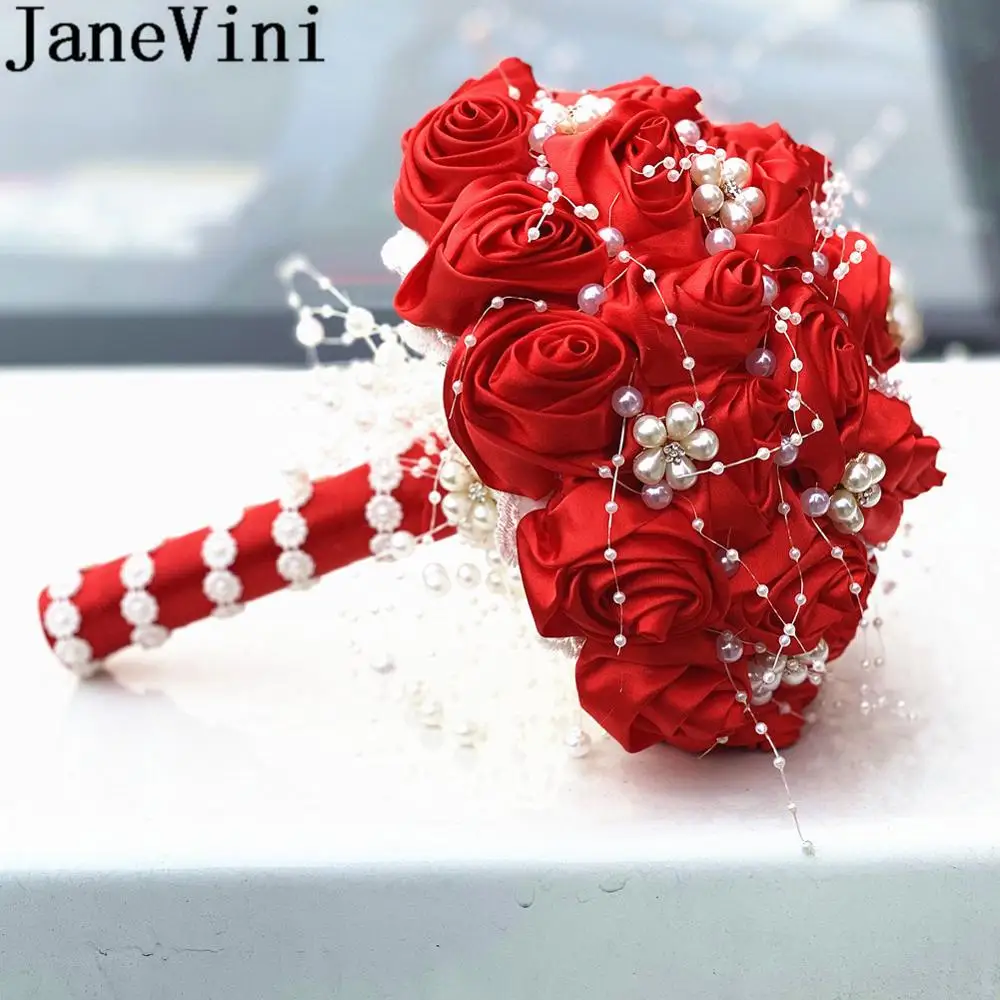 

JaneVini Red Bride Flowers with Pearls Artificial Beaded Wedding Bridal Bouquets Accessories braut blumen Satin Rose Brooch 2020