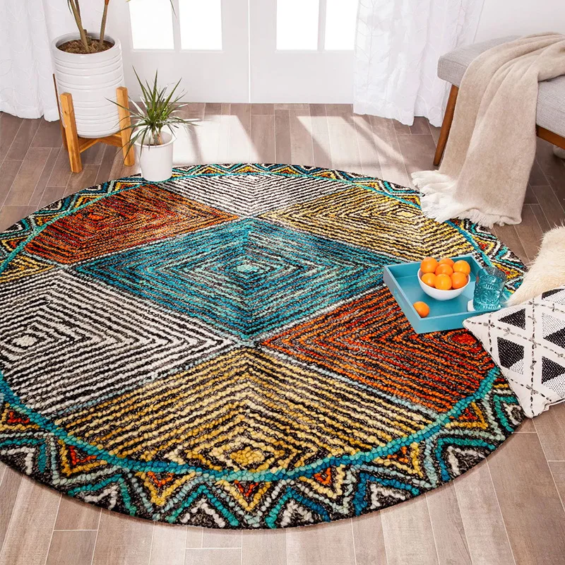 100% New Zealand Wool Round Carpet for Living Room, India Handmade Thick Bedroom Carpet, Bedside Round Rugs, Colorful, Kids