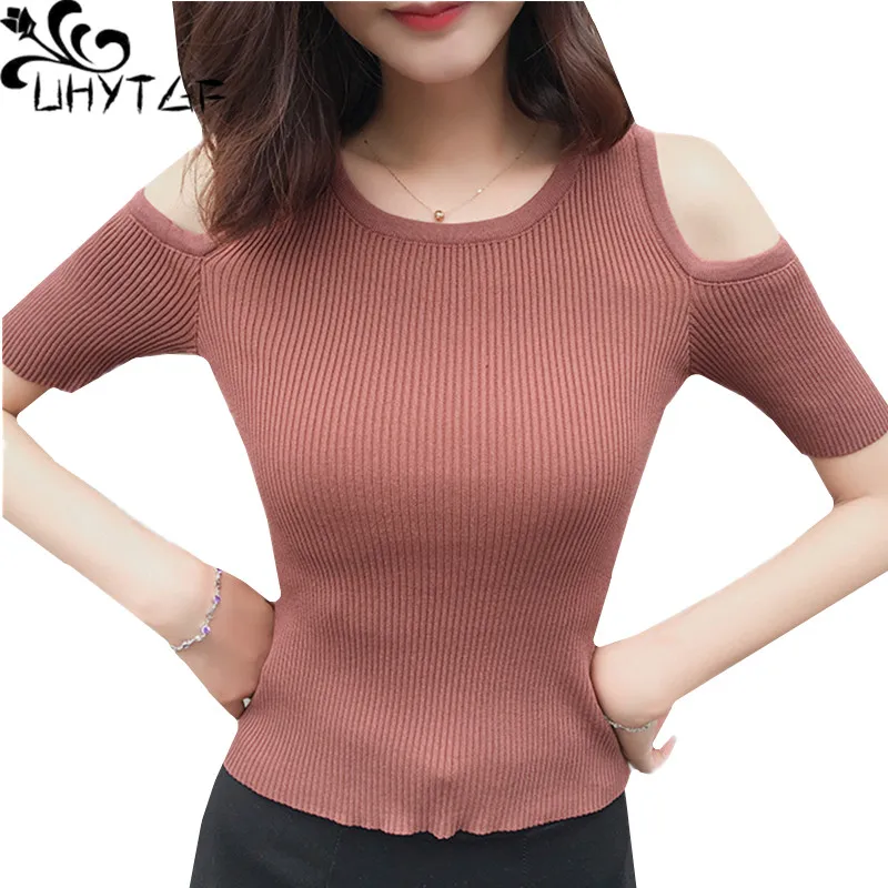 

UHYTGF Short knit sweater top women Short sleeve hollow Slim spring summer sweater women off strapless pullover sexy sweater 223