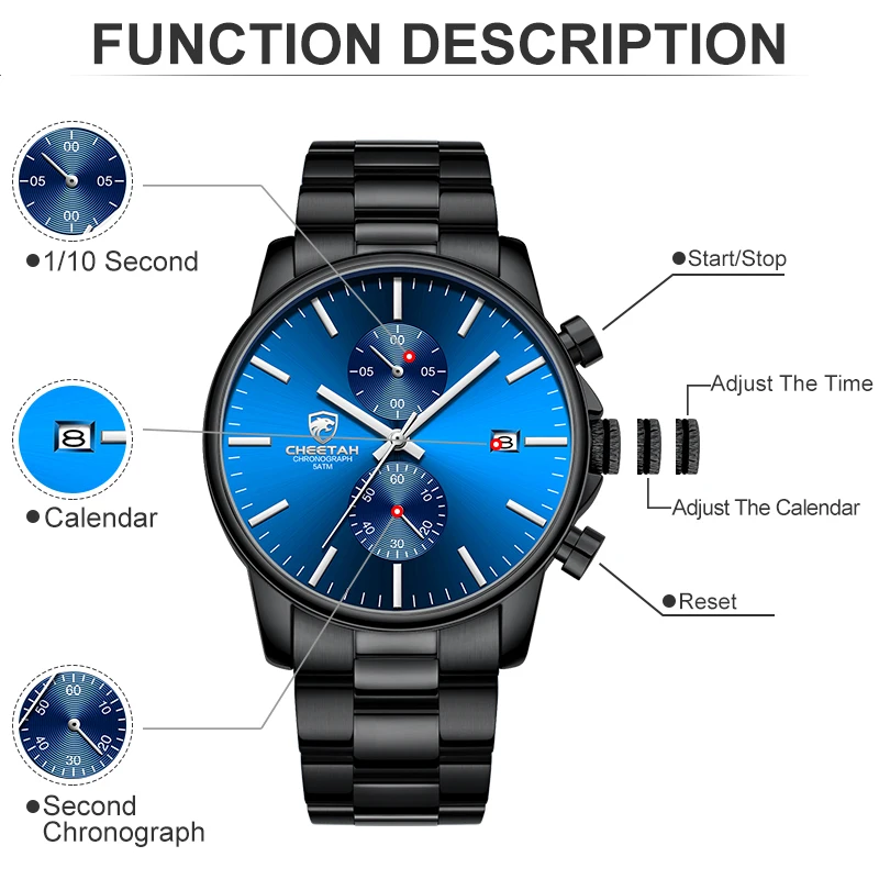 CHEETAH-reloj deportivo de cuarzo para hombre, cronógrafo de pulsera, de acero inoxidable, resistente al agua