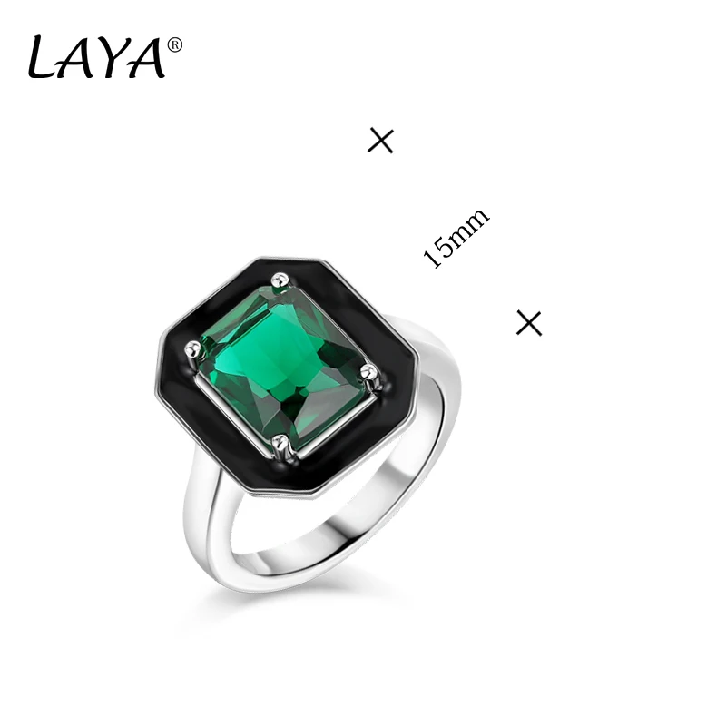 LAYA 925 Sterling Silver Fashion Mood Ring Synthetic Green Crystal Black Enamel Square Ring For Women's Wedding Luxury Jewelry